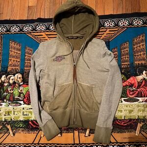 Womens harley davidson olive green zip up hoodie y2k cropped embroidered